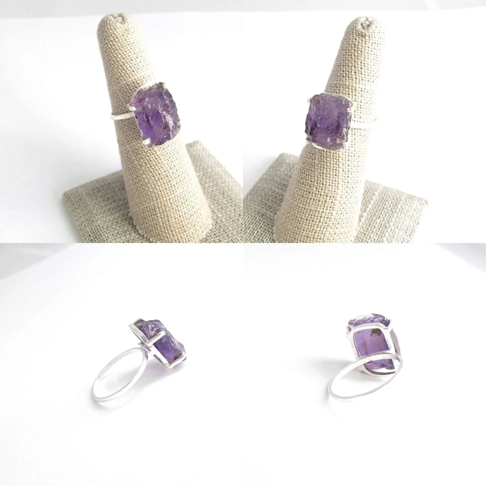 Raw Amethyst Rings, Big Purple Crystals, Sterling Silver
